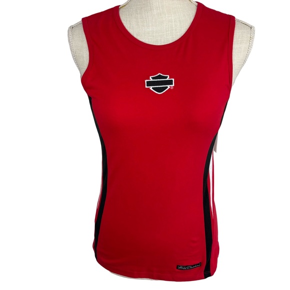 Harley-Davidson Tops - Harley Davidson Red Tank Top Bar & Shield Feel The Heat Logo Racing Stripes Sz M